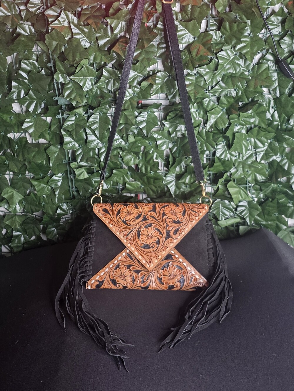 Handcrafted Black Leather Fringe Crossbody with Tooled Brown Flap